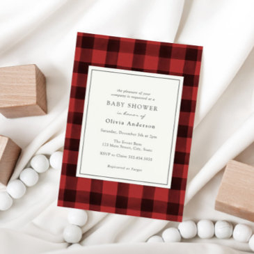 red buffalo plaid baby shower invitation
