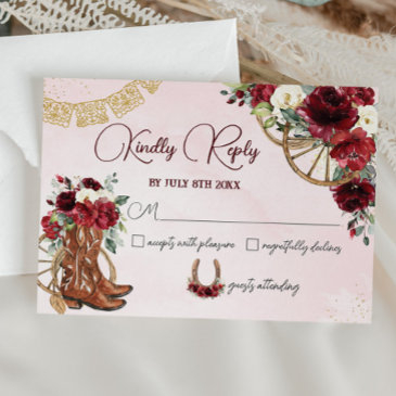 red burgundy floral charro west quinceañera reply rsvp invitations