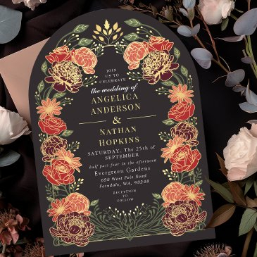 red fantasy enchanted garden floral wedding arch invitation