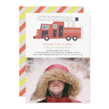 red firetruck firefighter boy photo birthday invitation