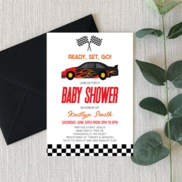 red flame race car checkered race flag baby shower invitation