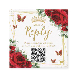 Small Red Floral Butterflies Quinceanera Rsvp Qr Code Enclosure Invitations Front View