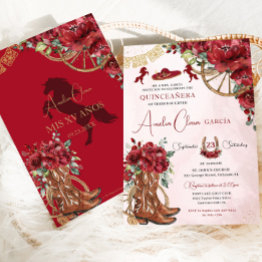 Small Red Floral Charro Horseshoe Boots Quinceañera Invitation Front View