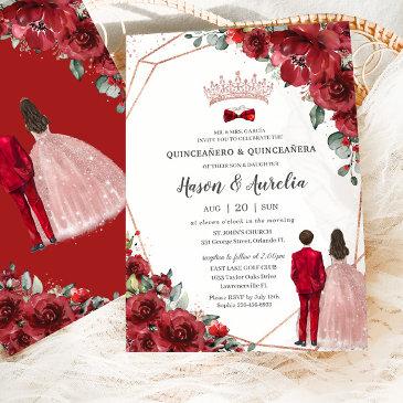 red floral rose gold twins boy girl quinceañera invitation