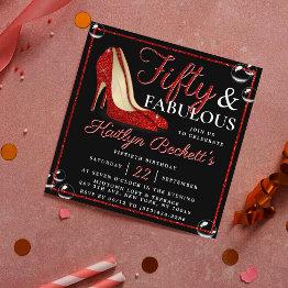 Small Red Glitter High Heels | Fifty & Fabulous Birthday Invitation Front View