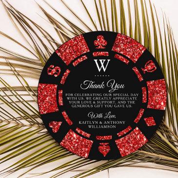 red glitter monogram poker chip casino wedding thank you invitations