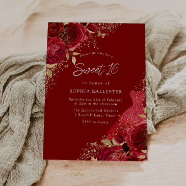 red & gold dress & roses sweet 16 party invitation