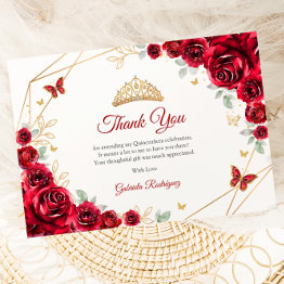 Small Red Gold Floral Quinceanera Thank You Invitations Front View