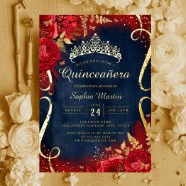 Small Red Gold Floral Scroll Navy Quinceanera Foil Invitation Front View