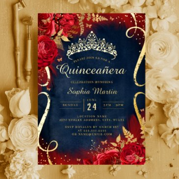 red gold floral scroll navy quinceanera foil invitation