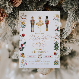 Small Red Gold Nutcracker Ballerina Kids Birthday Party Invitation Front View