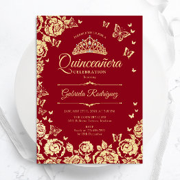 Small Red Gold Roses Butterflies Quinceanera Invitation Front View