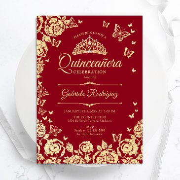 red gold roses butterflies quinceanera invitation