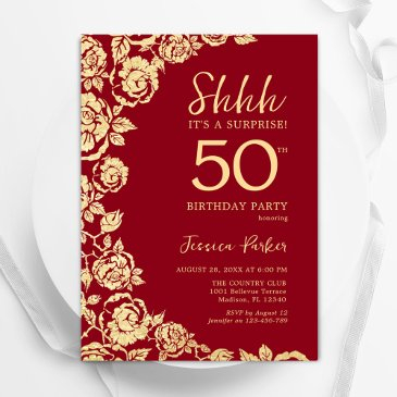 red gold roses surprise 50th birthday invitation