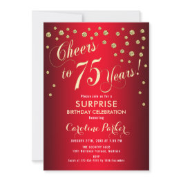 Small Red Gold Surprise 75th Birthday Party Invitation Front View