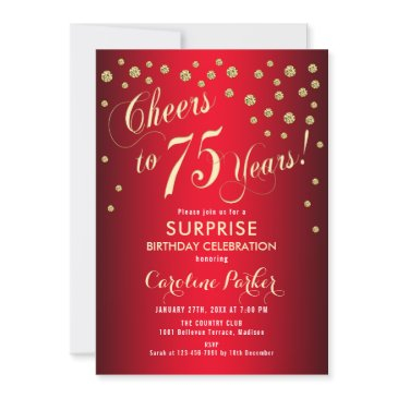 red gold surprise 75th birthday party invitation