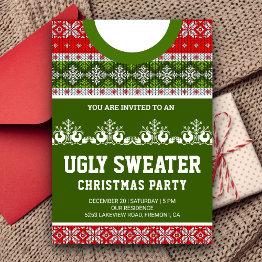 Small Red Green Funny Tacky Ugly Sweater Christmas Party Invitation Front View