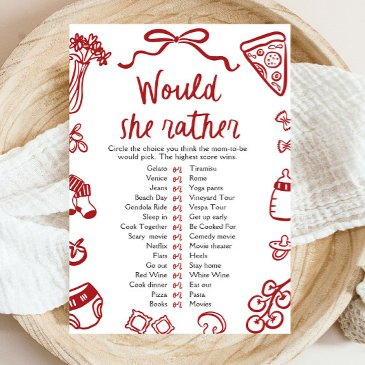 red hand drawn would she rather baby shower game invitation