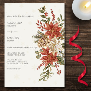 red & ivory poinsettias in snow on ivory wedding invitation