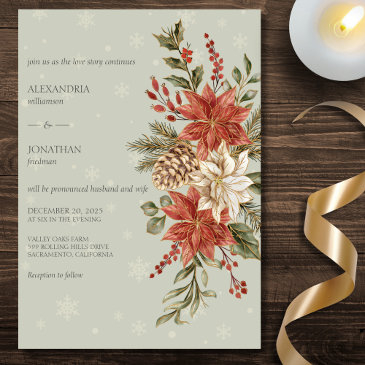 red & ivory poinsettias in snow on sage wedding invitation