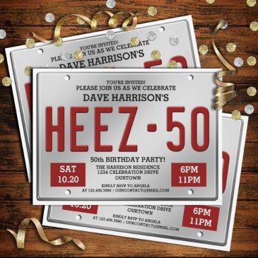 red license plate 50th birthday invitations
