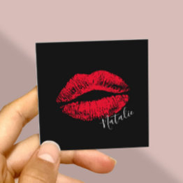 Small Red Lips Kiss Signature Makeup Artist Plain Black Square Business Invitations Front View