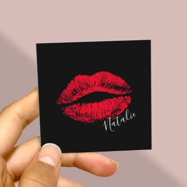 red lips kiss signature makeup artist plain black square business invitations