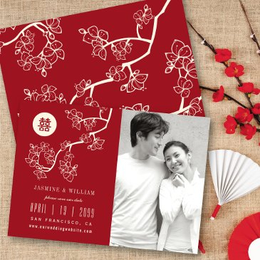 red peach blossoms chinese double happiness photo save the date