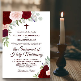 Small Red & Pink Boho Roses Modern Catholic Wedding Invitation Front View