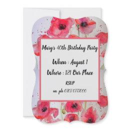 Small Red Poppy Poppies Floral 40th Birthday Invitation Front View