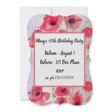 red poppy poppies floral 40th birthday invitation