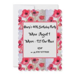 Small Red Poppy Poppies Floral 40th Birthday Invitation Front View