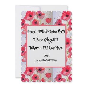 red poppy poppies floral 40th birthday invitation