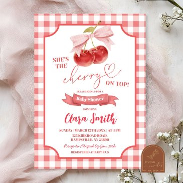 red preppy coquette cherry on top baby shower invitation