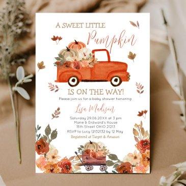 red pumpkin truck baby shower fall leaves invitation
