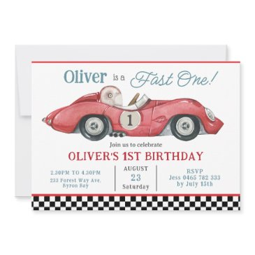 red race car fast one 1st first birthday party invitation