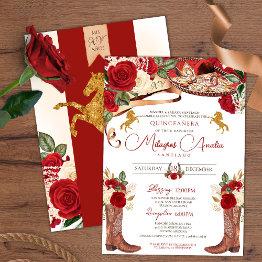 Small Red Rose Fancy Mariachi Western Charra Quinceanera Invitation Front View