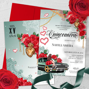 red rose green lowrider mexicana chola quinceanera invitation