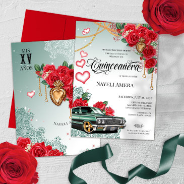 red rose mexicana green lowrider chola quinceanera invitation