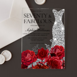 Small Red Roses Diamond Dress Womans 70th Birthday Party Acrylic Invitations Front View