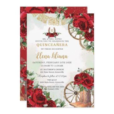 red roses floral charro boots sweet 16 quinceañera invitation