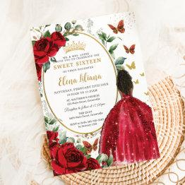 Small Red Roses Floral Dress Gold Quinceañera Sweet 16 Invitation Front View