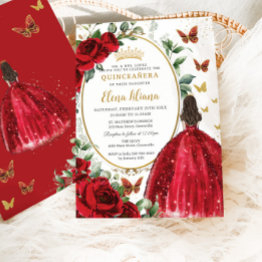 Small Red Roses Floral Princess Dress Gold Quinceañera Invitation Front View