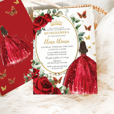 red roses floral princess dress gold quinceañera invitation