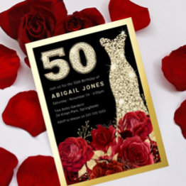 Small Red Roses Golden Dress 50th Birthday Party Gold Foil Invitation Front View