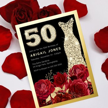 red roses golden dress 50th birthday party gold foil invitation