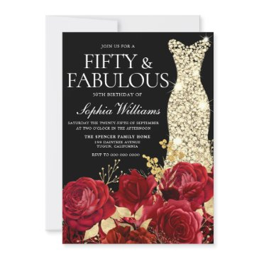 red roses golden gown black 50th birthday party invitation