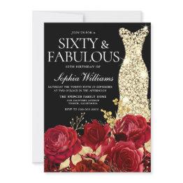Small Red Roses Golden Gown Black 60th Birthday Party Invitation Front View