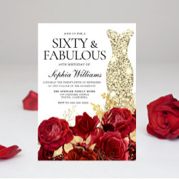 Small Red Roses Golden Gown Dress 60th Birthday Party Invitation Front View