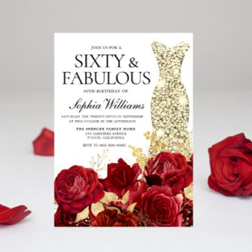 red roses golden gown dress 60th birthday party invitation